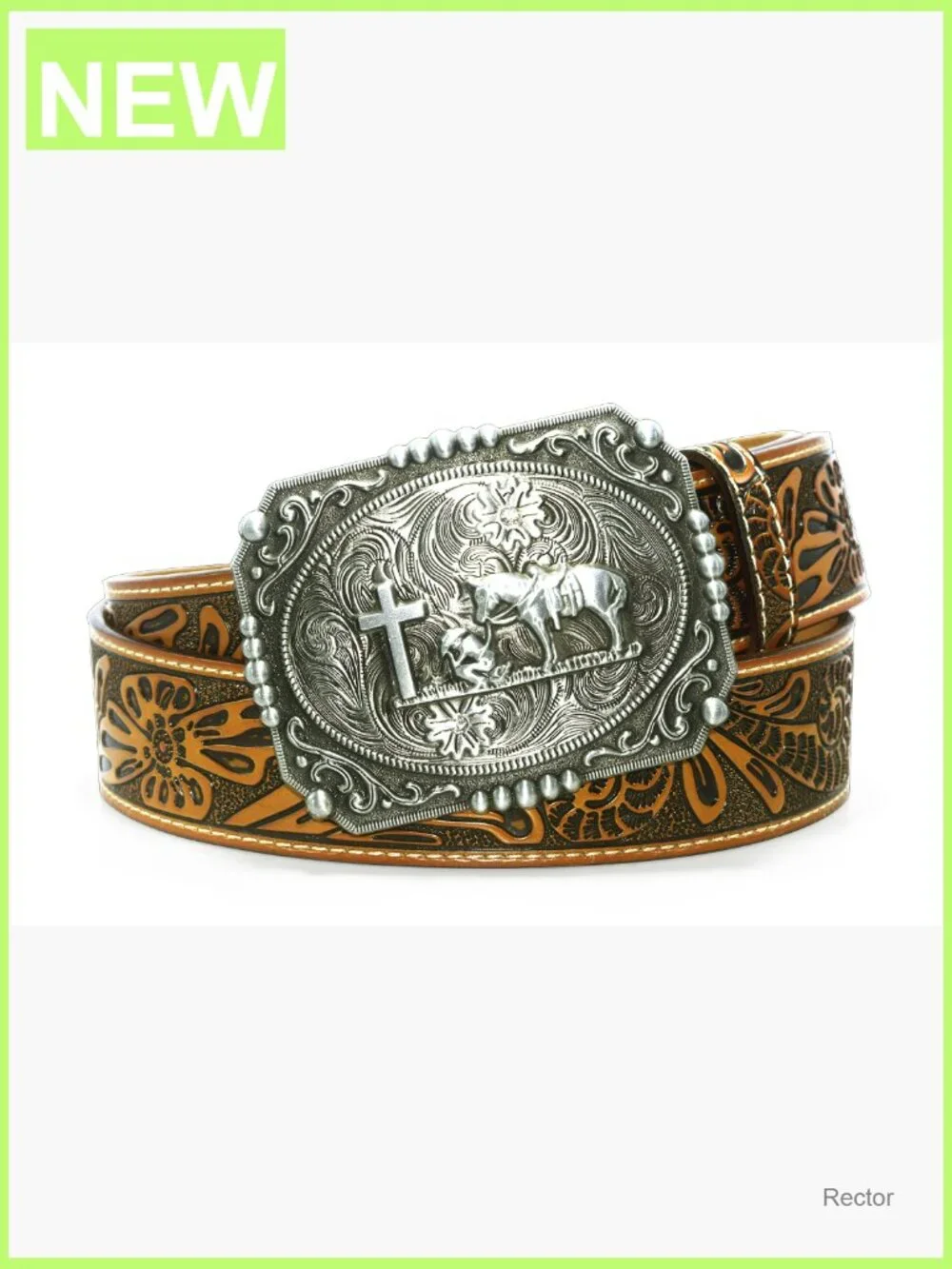 Genuine Leather Western Belt with Cross Prayer Buckle 1.5